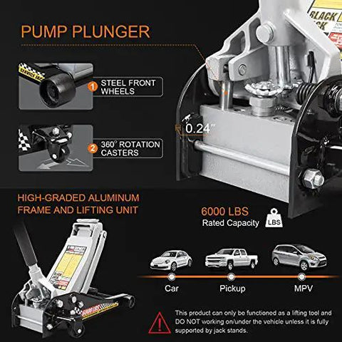 Low Profile Hydraulic Floor Jack With Quick Lift Pump For Racing And Everyday Use Three Ton Capacity Durable Steel Construction Easy Lift Lifts From About 3.7 Inches To 18.7 Inches Black, highlighting aluminum frame, steel front wheels, and rotation casters.