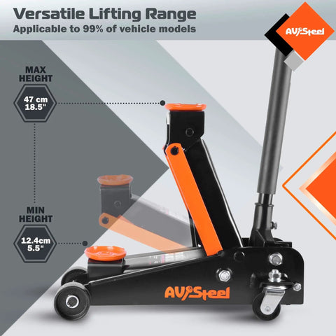 Side view of Beast Mode 3 Ton Floor Jack For Cars, Trucks And SUVs, Hydraulic Quick Lift With Single Piston Pump, durable AV Steel.