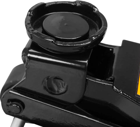 Close-up of Low Profile Hydraulic Floor Jack 2.5 Ton With Quick Lift Pump Trolley Style Beefy Heavy Duty Steel Build Black