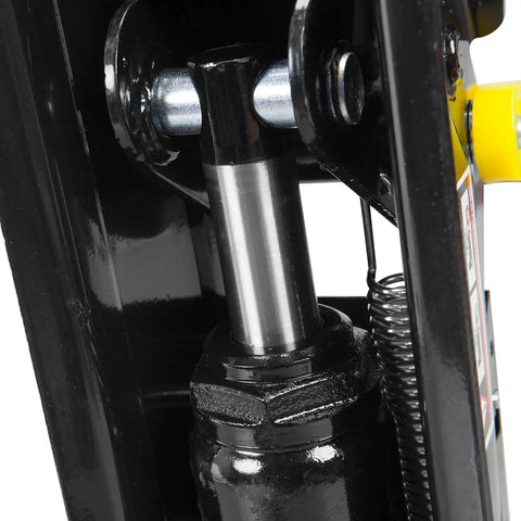 Close-up of Low Profile Hydraulic Floor Jack 2.5 Ton With Quick Lift Pump Trolley Style Beefy Heavy Duty Steel Build.