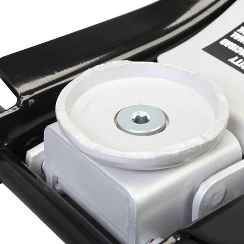 Close-up of black Low Profile Hydraulic Floor Jack With Quick Lift Pump For Racing And Everyday Use Three Ton Capacity