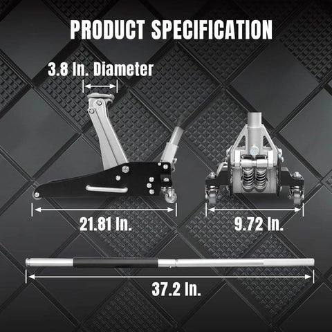 Dimensions of Low Profile Hydraulic Floor Jack With Dual Piston Quick Lift Pump In Aluminum And Steel Construction For Race Ready Performance, 1.5 Ton Capacity (3000 Lb), Black Finish, Ideal For Cars And Light Trucks, Torin TAM815016L.