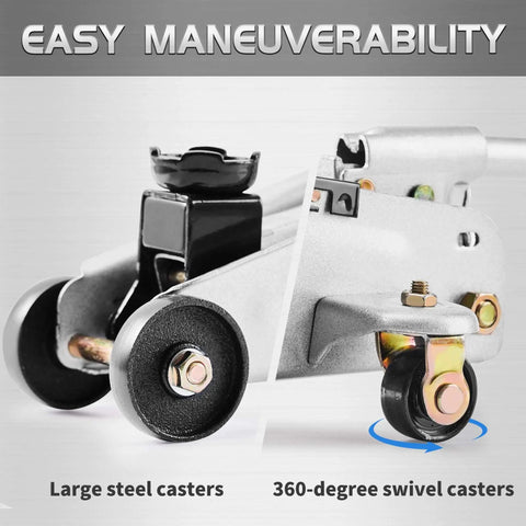 Close-up of the Heavy Duty 2 Ton Floor Jack With Safe Hydraulic Lift For Cars Portable Car Jack showing steel and swivel casters.