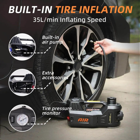 Heavy Duty 5 Ton Hydraulic Floor Jack Kit With Tire Inflator LED Light showing inflator in use on car tire