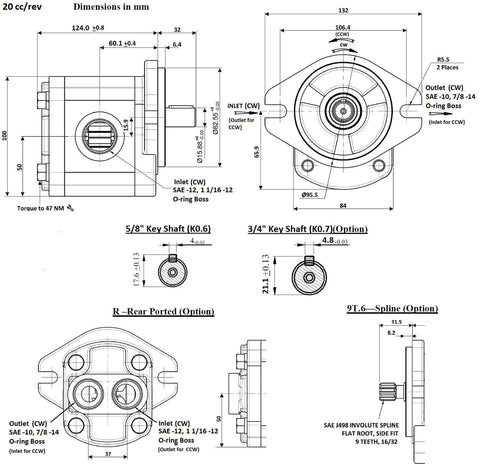 Technical diagram of Hydraulic Gear Pump 20cc/rev (.122in3/rev) 4-15gpm 39.4HP 3625psi SAE A flangeCW with dimensions and connections.