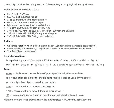 Technical specifications for Hydraulic Gear Pump 20cc/rev, SAE A flange, with details on flow rate, rotation, and PSI.