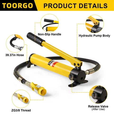 Heavy Duty Hydraulic Hand Pump CP 180 Manual Lift Pump, ZG3/8 connector, non-slip handle, hose, and release valve visible