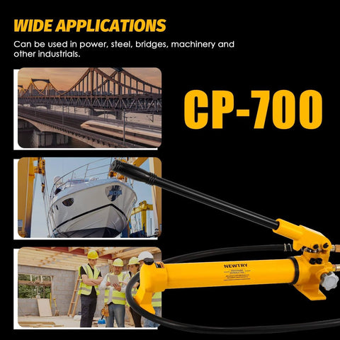 Image showing applications of NEWTRY Hydraulic Hand Pump CP-700 10000psi Manual Hydraulic Pump with construction and industrial scenes.