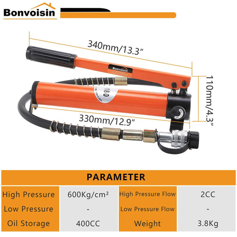 Hydraulic hand pump for 20T Hydraulic Cylinder Jack Porta Power Ram with measurements and parameters shown