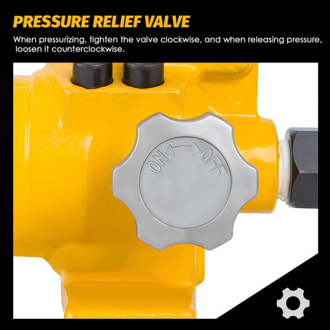 Pressure relief valve on NEWTRY Hydraulic Hand Pump CP-700 10000psi, showing on/off adjustment dial in close-up view.