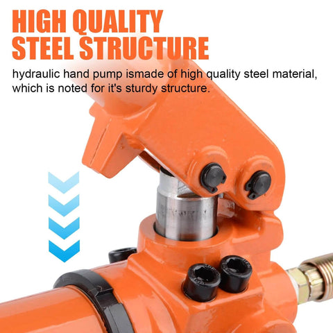 Close-up of orange hydraulic hand pump HZ-700 with steel structure focus, part of (1000psi) (HZ-700) Hydraulic Pump Hand Operated Pump.