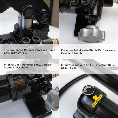 Close-up of 10000 psi Hydraulic Hand Pump 2 Speed Power Pack focusing on plunger, relief valve, integral casting, and air vent features.