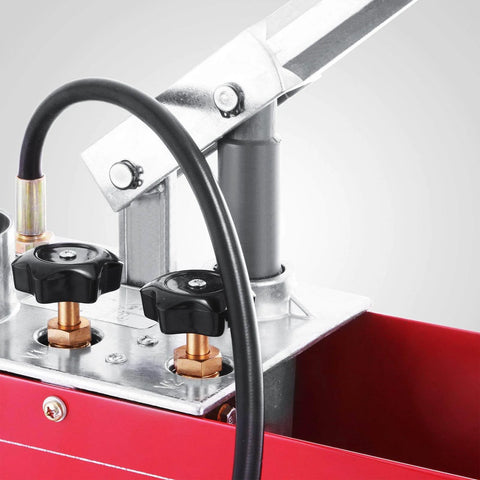 Hydraulic Pressure Test Pump 50 Bar Hand Pressure Test Pump 726 PSI close-up of gauge and valves with red tank