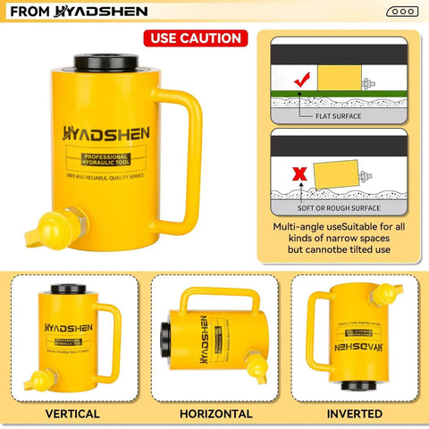 Beefy 30 Ton Hydraulic Hollow Cylinder Jack With 2 Inch Stroke For Heavy Duty Lifting In Machinery And Shipbuilding Industrial Hollow Ram Lift For Automotive Marine Fabrication And Repair HYADSHEN shown in vertical, horizontal, and inverted positions on yellow background with caution instructions.