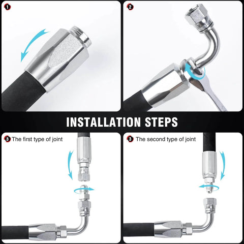 Installation steps for 2-Pack 90 Degree Hydraulic Hose Field Repair Kit For Three Eighths Inch Inner Diameter Reusable.