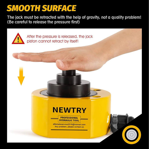 30 ton Low Profile Hydraulic Jack Porta Power Kit with hand demonstrating use, showing safety warning, CP-700 Manual Hydraulic Pump visible.