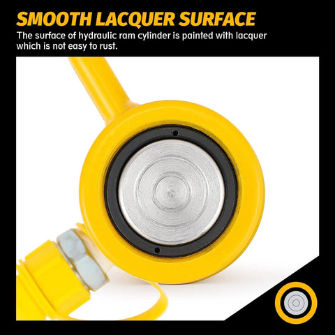 Close-up of yellow hydraulic ram cylinder with smooth lacquer surface, part of 10 ton Hydraulic Jack Cylinder Long Ram 6” Stroke Portable Tool.