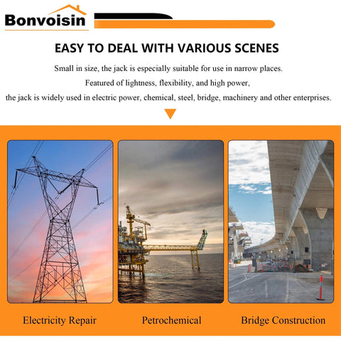 Collage showing applications of Bonvoisin Hydraulic Ram Jack 30T Low Profile Porta Power Cylinder in electricity repair, petrochemical, bridge construction