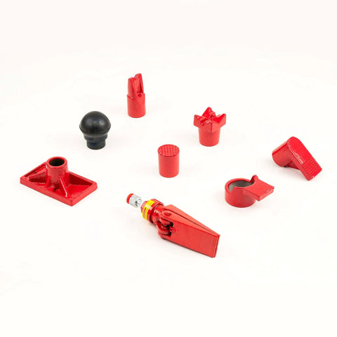 Powerful 12 Ton Porta Power Hydraulic Jack Kit components including red attachments for auto body frame repair