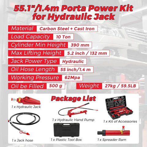Heavy Duty 12 Ton Hydraulic Porta Power Jack Kit With 4.6 Foot Oil Hose For Auto Body Frame Repair In Garage Storage Case 26455 LBS Capacity For Cars And Trucks - product specifications and components shown