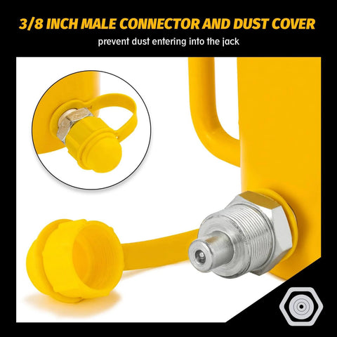 Close-up of 3/8 inch male connector and dust cover on 20 ton Hydraulic Hollow Jack Cylinder, part of the Porta Power Ram.