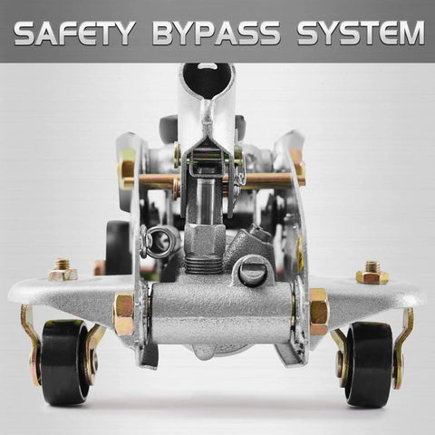 Close-up of the underside view of Heavy Duty 2 Ton Floor Jack With Safe Hydraulic Lift For Cars Portable Car Jack 4.9 To 11.8 Inch Lift 3800 Lb Capacity With Built In Safety Bypass Valve And Easy Maneuverability On Two Large Steel Casters TONDA showing steel structure and safety bypass system.