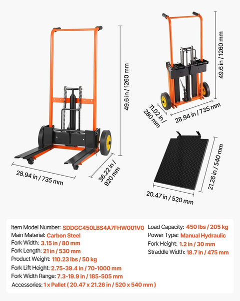 Heavy Duty Hydraulic Material Lift Stacker With 450 Lb Load Capacity And 39.4 Inch Lift Height, Foldable Portable Pallet Truck Dolly With Fork Lift Table For Home Garage Or Shop, Orange And Black