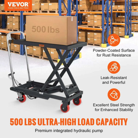 Hydraulic Lift Table Cart 500 Lb Capacity with 28.5 Inch Lift and Four PU Wheels for Safe Material Handling in a warehouse.