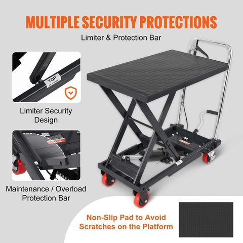 Hydraulic Lift Table Cart 500 Lb Capacity With 28.5 Inch Lift And Four PU Wheels for Safe Material Handling featuring security protections.