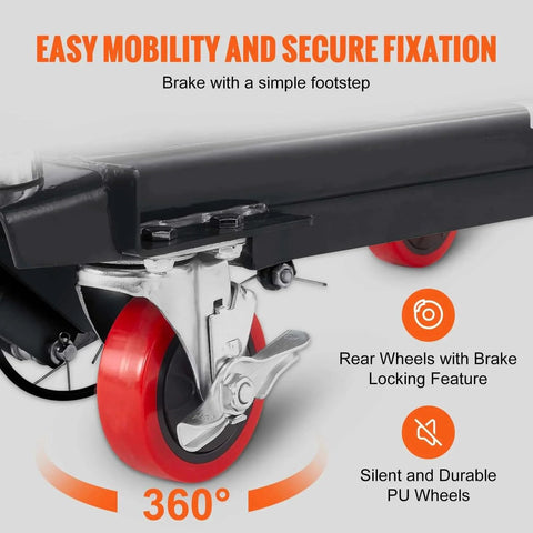 Close-up of rear wheel with brake on Hydraulic Lift Table Cart 500 lb capacity with 28.5 inch lift and four PU wheels for safe handling.