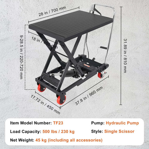 Hydraulic Lift Table Cart 500 Lb Capacity With 28.5 Inch Lift And Four PU Wheels, steel frame on concrete floor