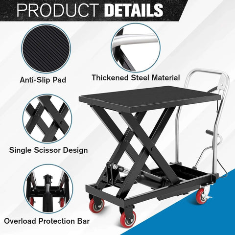 Hydraulic Lift Table Cart With Four Wheels 330 Lb Capacity Adjustable Height 11 To 28.5 Inches Steel Frame showcasing features