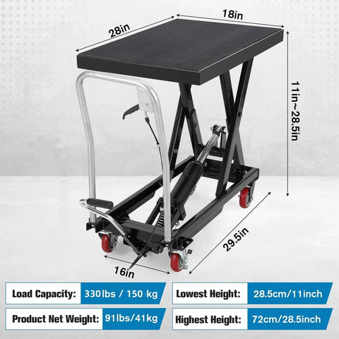 Hydraulic Lift Table Cart With Four Wheels 330 Lb Capacity Adjustable Height 11 To 28.5 Inches Steel Frame For Warehouse, showing dimensions