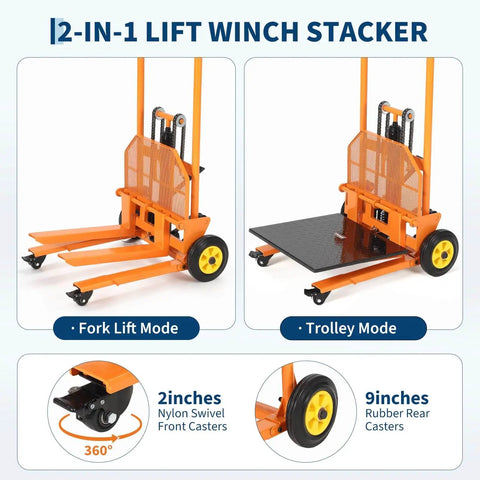 450 Lbs Hydraulic Material Lift Dolly With Adjustable Forks And Removable Platform Manual Fork Winch Stacker in fork and trolley mode, showing nylon and rubber casters.