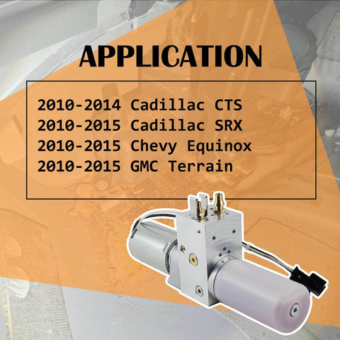 25965861 Hydraulic Liftgate Pump Compatible with SRX CTS Wagon 2010-2015 shown with application list for various GM models