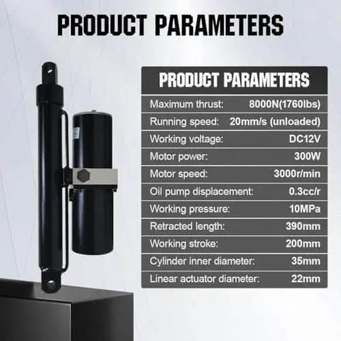 Workhorse Heavy Duty Hydraulic Linear Actuator With 8000N Push Force 12V DC Motor 12 Inch Stroke IP65 Protection specs