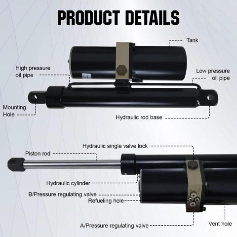 DC HOUSE hydraulic linear actuator, 8000N/1700lb, 12-inch stroke, black cylinder with silver piston rod.