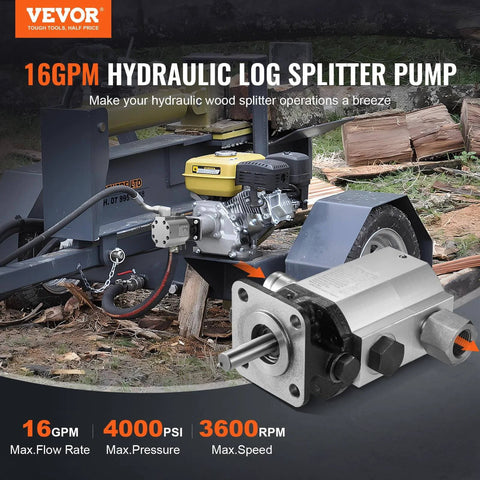 Hydraulic Wood Log Splitter Pump, 16GPM, 2 Stage 4000PSI, 1'' Inlet 1/2'' NPT Outlet 3600 RPM, aluminum gear in function