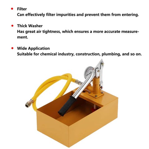 362 PSI Pressure Test Pump, Hydraulic Manual Water Pressure Tester Kit with hose and filter on display, brass body, ergonomic handle