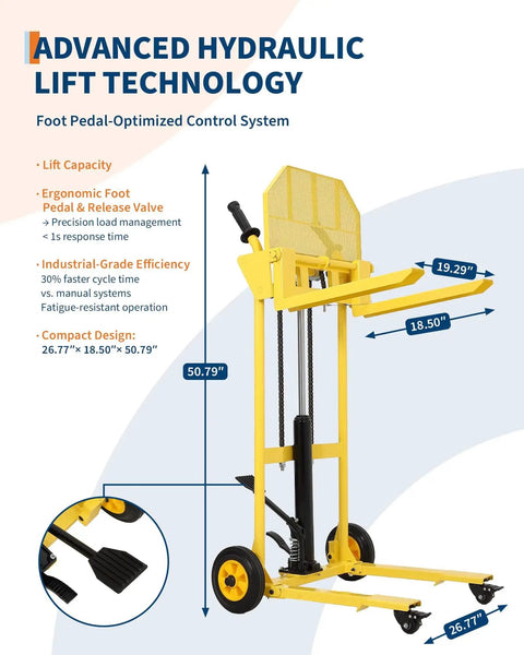 Heavy Duty Hydraulic Material Lift With 440 Lb Capacity Pallet Truck Dolly And Lift Table 36 Inch Max Lift Versatile Forklift Stacker with steel platform and adjustable forks, side view with dimensions shown.
