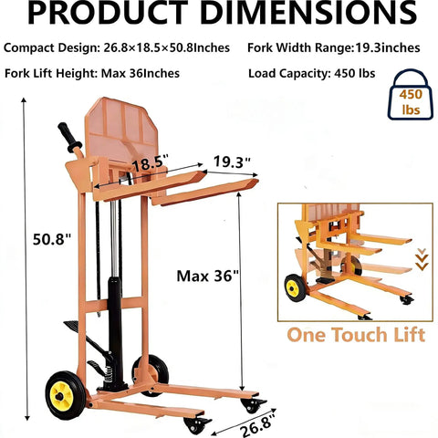 Workhorse Heavy Duty Hydraulic Material Lift with steel platform board, 450 lb capacity, 36 inch max lift, side view with dimensions
