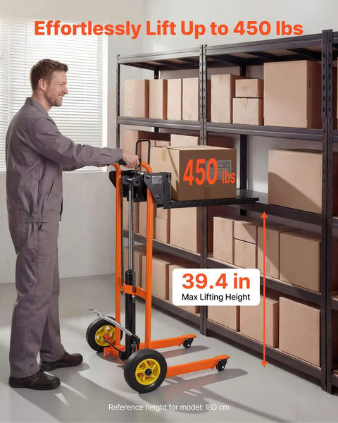 Heavy Duty Hydraulic Material Lift Stacker With 450 Lb Load Capacity And 39.4 Inch Lift Height, Foldable Portable Pallet Truck Dolly With Fork Lift Table For Home Garage Or Shop, Orange And Black in use by a person lifting a box