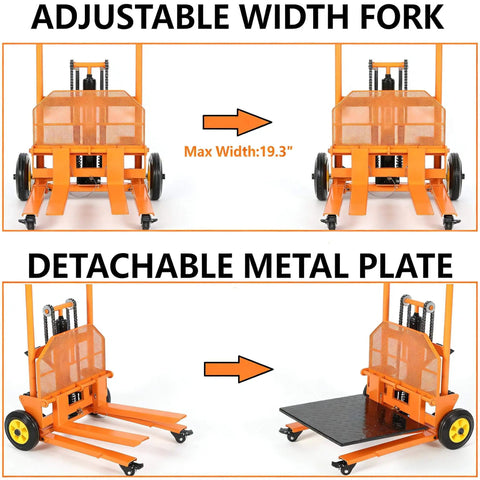 Workhorse Heavy Duty Hydraulic Material Lift With Steel Platform Board 450 Lb Capacity 36 Inch Max Lift Pallet Truck Dolly Table Fork Lift With Adjustable Width And Height Forks