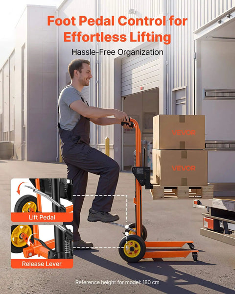 Person using a Heavy Duty Hydraulic Material Lift Stacker With 450 Lb Load Capacity And 39.4 Inch Lift Height, Foldable Portable Pallet Truck Dolly With Fork Lift Table For Home Garage Or Shop, Orange And Black, loading boxes