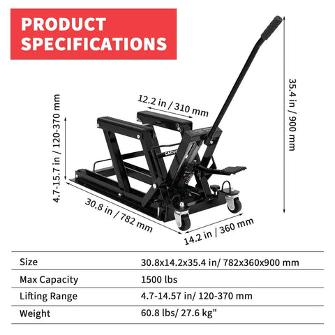Beefy 1500 Lb Hydraulic Motorcycle Lift Jack With Adjustable Height From 4.7 To 14.57 Inches, Non Slip Platform, Safety Lock