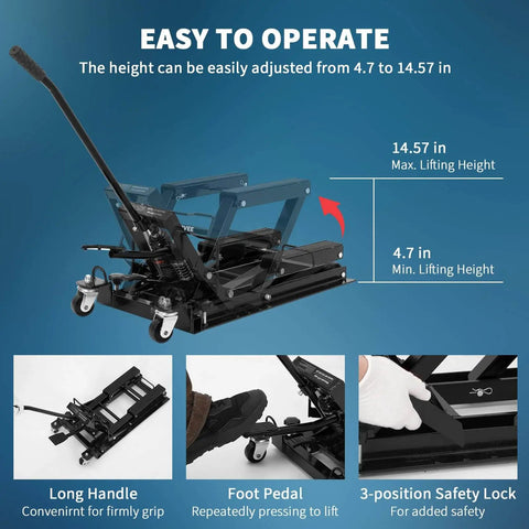 Beefy 1500 Lb Hydraulic Motorcycle Lift Jack With Adjustable Height From 4.7 To 14.57 Inches, non-slip platform, safety locks