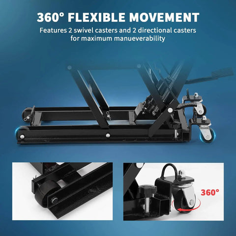 Side view of Beefy 1500 Lb Hydraulic Motorcycle Lift Jack with adjustable height, non-slip platform, and swivel casters