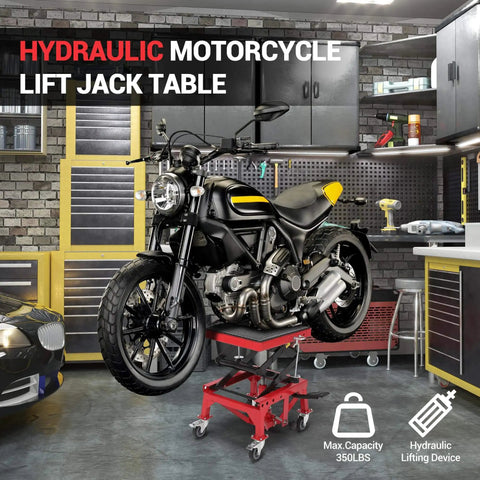 Foot Operated Hydraulic Motorcycle Lift Jack With 350 Lb Capacity, Wide Deck And Locking Wheels, Safe Scissor Lift For Motorcycle, Red in garage