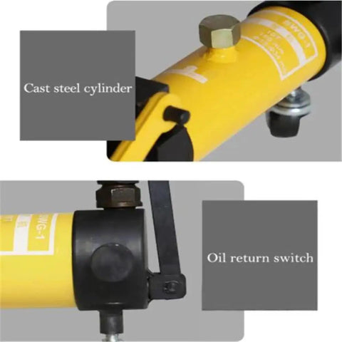Close-up of cast steel cylinder and oil return switch on 6 Die Pipe Bender For Tubing With Hydraulic System Compact Overall Design Heavy Load Bearing Manual Elbow Bending Machine For Automobile Repair And Fabrication Durable Steel Construction Smooth Operation.