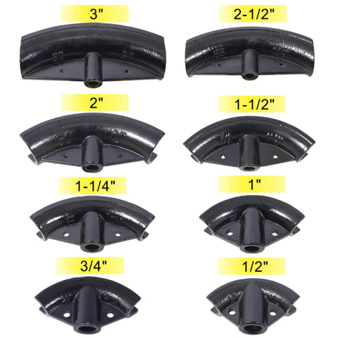 Eight dies for 16 Ton Manual Hydraulic Pipe Bender with sizes from one half to three inches shown in black steel.